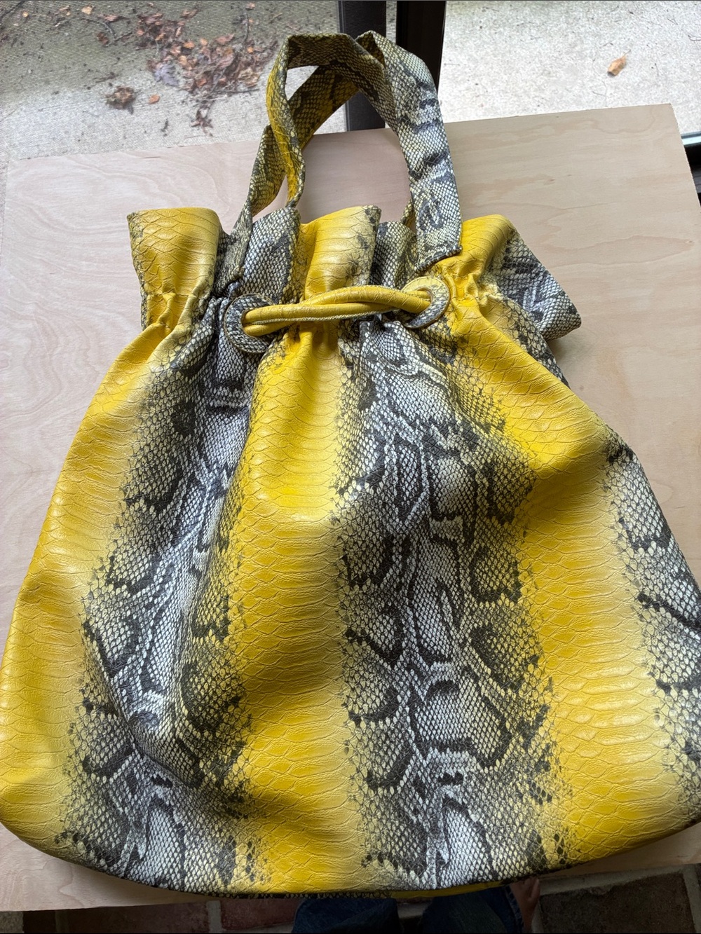 Yellow Thea B Snake-Print Drawstring Tote Bag